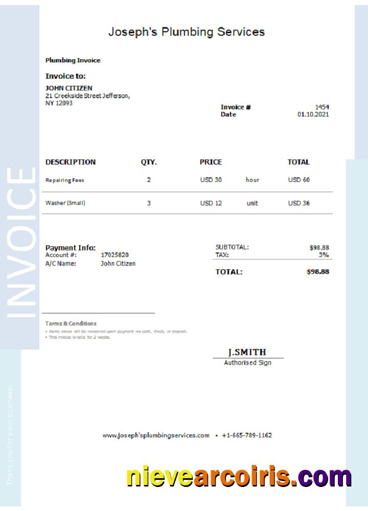 USA Joseph’s Plumbing Services invoice
